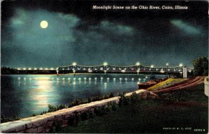 Cairo, IL Illinois  OHIO RIVER & BRIDGE  Full Moon~Moonlight  VINTAGE Postcard