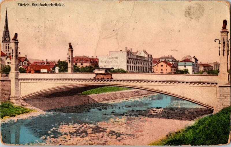 Zurich Staufacherbrucke Note WOB Antique Postcard 1911 PM Cancel Stamp Note Vtg 