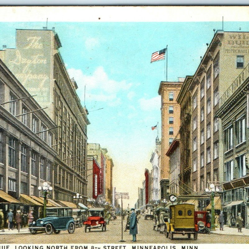 c1920s Minneapolis, MN Nicollet Ave & 8th Downtown Postcard Main Street Cars A41