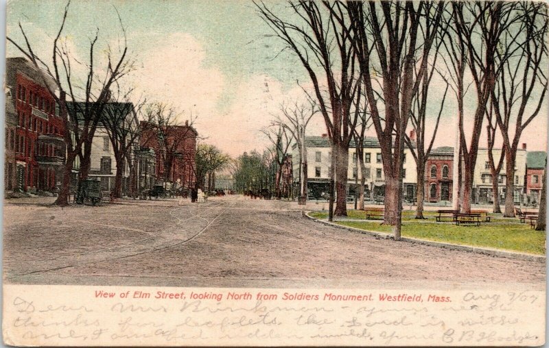 Westfield Massachusetts~Elm Street Businesses North From Soldier's Monument~1907 
