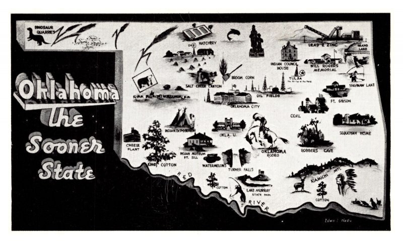 Postcard OK Map -Oklahoma The Sooner State - black and white pictoral map