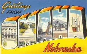 OMAHA Nebraska Large Letter Linen c1940s Vintage Postcard