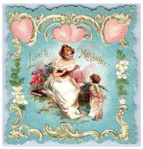 1890s Embossed Love's Message Valentine's Heart Card Lady & Cherub #6O