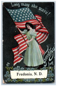 Fredonia North Dakota Postcard Greetings Long May She Wave 1910 Flag Patriotic