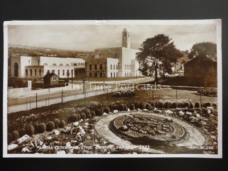 Glamorgan SWANSEA CIVIC CENTRE & Floral Clock c1930's RP Postcard by Valentine