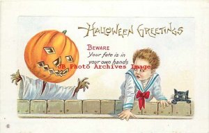Halloween, Stecher No 339 C, JOL Head Ghost Scares Boy & Black Cat over Fence