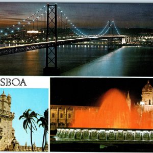 c1970s Lisboa Portugal Bridge Tower Belem Fountain Night Scene Chrome 4x6 PC M24