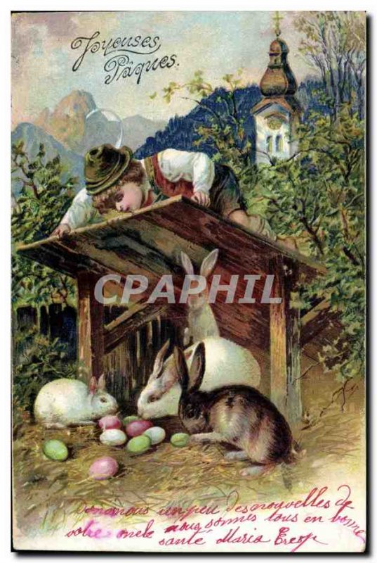 Old Postcard Bunny Rabbits Easter Child