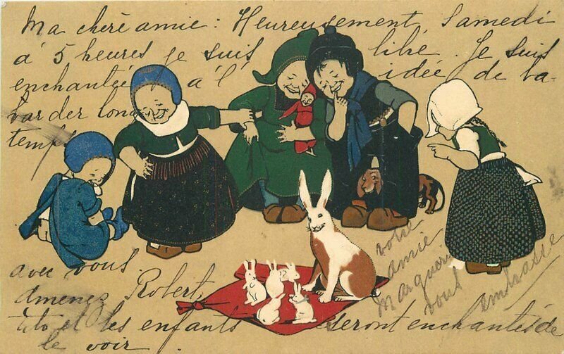 Arts Crafts Dutch Children Rabbits C-1910 Postcard Artist Impression 22-695