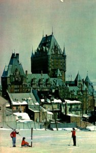 Canada Quebec Girl Skiers With Chateau Frontenac Hotel Chrome Postcard 08.60