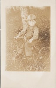 Young Boy on Bike Bicycle Child Portrait Unused Real Photo Postcard F77
