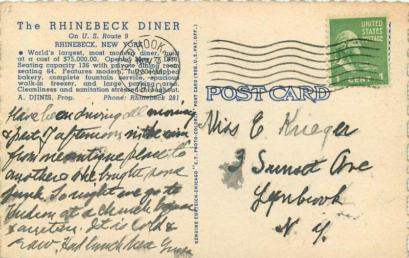 Linen Roadside Postcard Rhinebeck Diner Route US 9 Rhinebeck NY Dutchess County