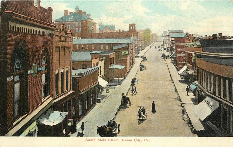 Vintage Postcard; South Main Street Union City PA Horsedrawn Wagons, Erie County