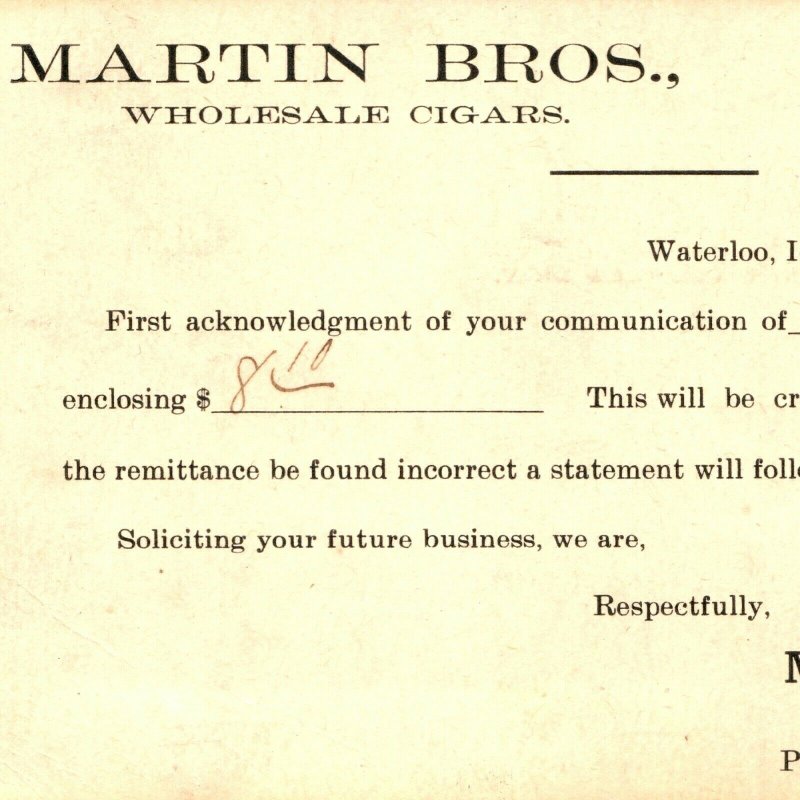 1900 Martin Bros Cigars Receipt Postcard US Jefferson Postal Card Waterloo IA A1