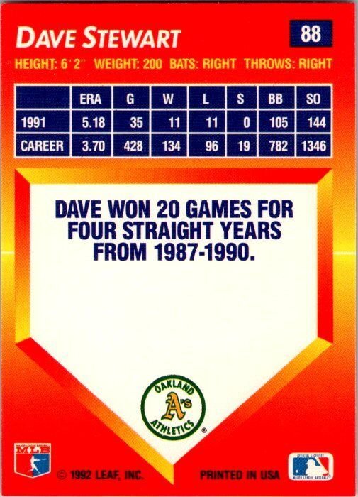 1992 Donruss Baseball Card Dave Stewart Oakland Athletics