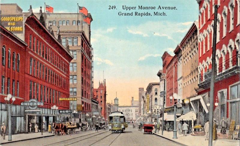 GRAND RAPIDS MICHIGAN~UPPER MONROE AVENUE-VAUDETTE-STOREFRONTS POSTCARD 1910s