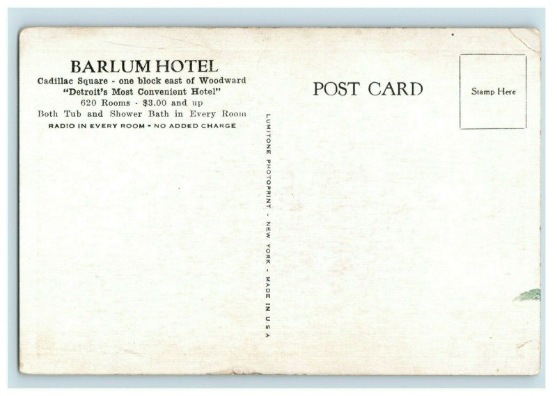 Vintage Original Barlum Hotel, Detroit 26, Michigan Downtown Postcard P16