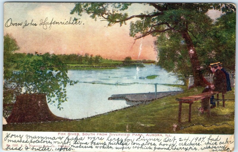 1907 Fox River Riverview Park, Aurora, Ill Litho Photo Postcard Mica Glitter A33