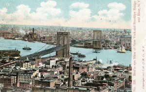 1907 BIRDS EYE VIEW NEW YORK BROOKLYN BRIDGE & RIVER*TO LAKE HUNTINGTON NY