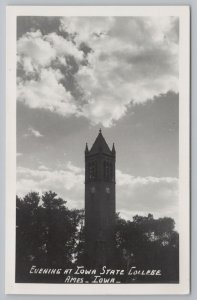 Real Photo Postcard~Clock Tower In Evening~Iowa State College~Ames IA~RPPC