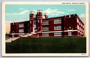 Pittsburg Kansas~High School Bldg Front View~Pm 1950~Vintage Linen Postcard
