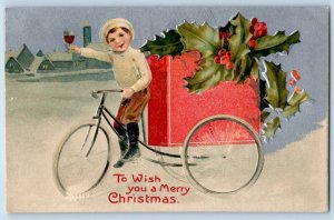 Christmas Postcard Boy Champagne Bicycle With Box Berries Winsch Back Embossed