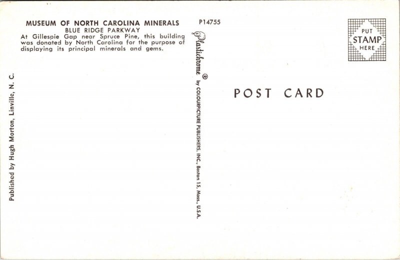 Museum North Carolina Minerals Blue Ridge Parkway Gillespie Gap Postcard UNP VTG 