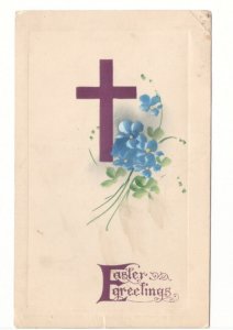 Easter Greetings, Cross And Forget Me Nots, Vintage Winsch Back Postcard