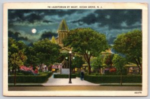 1950 Auditorium By Night Ocean Grove New Jersey Statue Landscape Posted Postcard