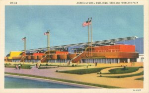 Chicago World's Fair Agricultural Building, US Flags Linen Postcard
