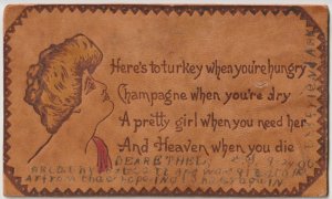 VINTAGE POSTCARD HERE'S A TURKEY WHEN YOU'RE HUNGRY LEATHER CARD POSTED 1906