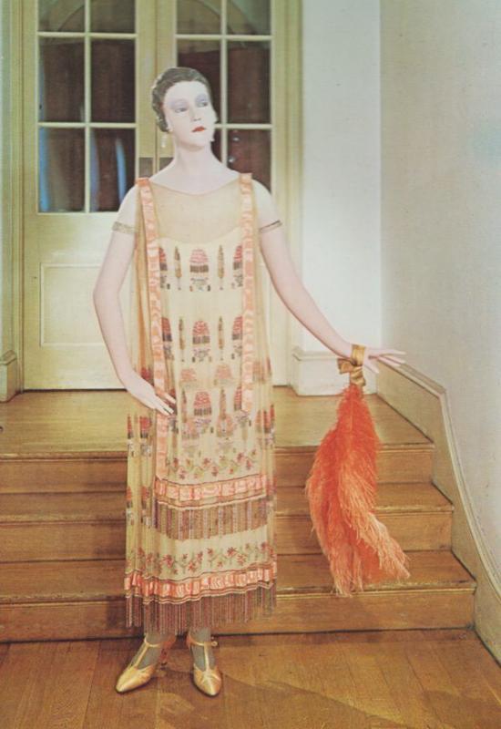 1923 Waxwork Callot Souers Beaded Sexy Evening Dress Feathers Fashion Postcard