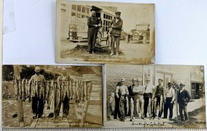 1919 Houghton Lake MI Fishermen With Catch Fish Walleye RPPC Postcard Lot of 3