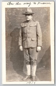 RPPC US Soldier In Uniform HQ Headed To France c1918 Real Photo Postcard Q27