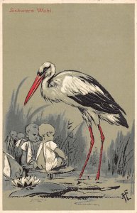 Birth Announcement Stork Bird Lake of Babies Schwere Wahl embossed postcard C318