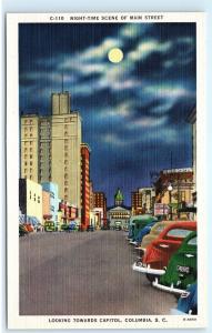 Night Main Street St Columbia South Carolina SC Old Cars Vintage Postcard D06