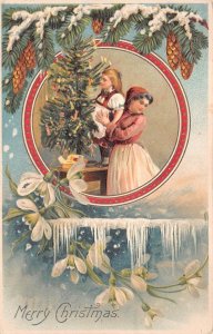 CHRISTMAS HOLIDAY MOTHER & CHILD TREE EMBOSSED QUINCY ILLINOIS POSTCARD 1909