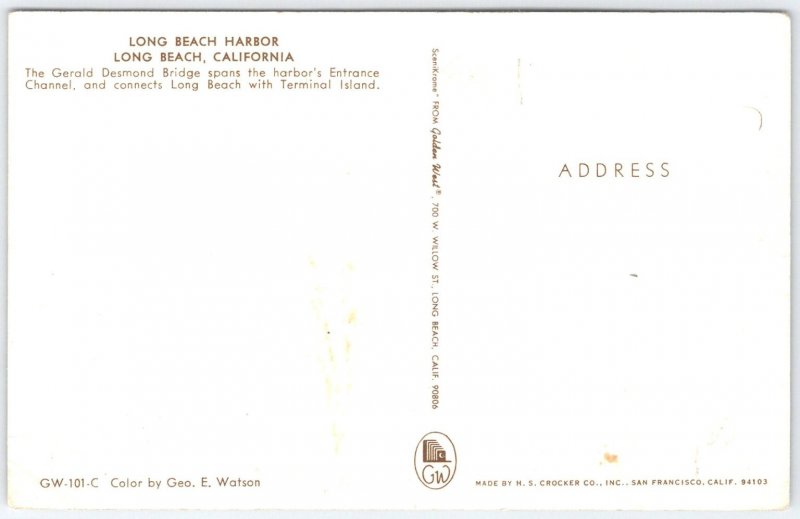 Long Beach Harbor with Gerald Desmond Bridge Vintage Postcard