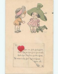 Pre-Linen valentine signed CUTE GIRL LEANS ON CHAIR BESIDE BOY k9654