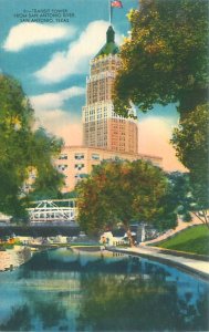 San Antonio Texas Transit Tower, Flag, Bridge  Linen Postcard