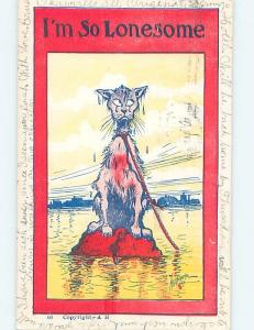 Pre-1907 comic signed WET DOG TIED ON ROPE SITTING ON ROCK HL2184