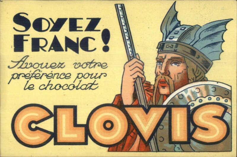 SOYEZ FRANC! Clovis Chocolate Viking Warrior Halmet Shield Art Deco Postcard