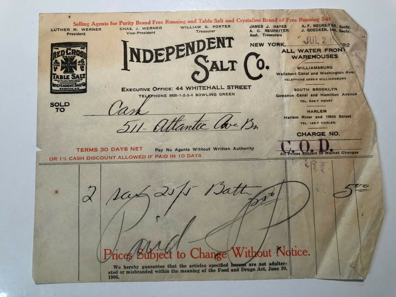 1926 Independent SALT COMPANY Red Cross Table Salt NEW YORK Bill Letterhead