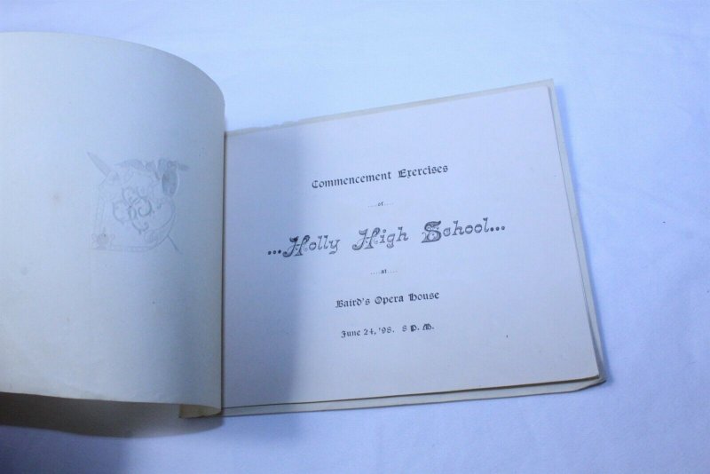 Vintage 1898 High School Commencement Program Holly, MI Embossed Logo On Cover