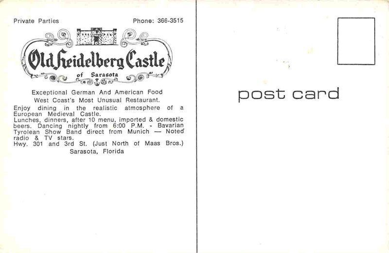 Old Heidelberg Castle Restaurant Sarasota Florida postcard
