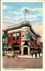 Postcard OH Bellaire Buckeye Building Old Car American Flag 1916 M55