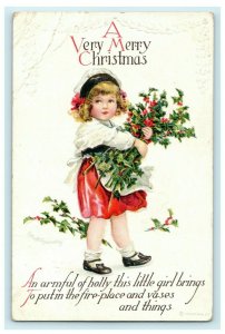 Christmas Clapsaddle Girl Dress Carrying Holly 1917 Arcadia California Postcard