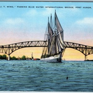 c1940s Port Huron, Mich Schooner J.T Wing International Bridge Ship Boat MI A201