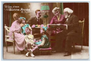 France Postcard RPPC Photo New Year Bonne Annee Family With Flowers c1910's