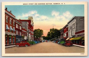 Norwich New York~Broad St Business Section~Red Bldg~Cars~Lamps~Sign~Linen PC